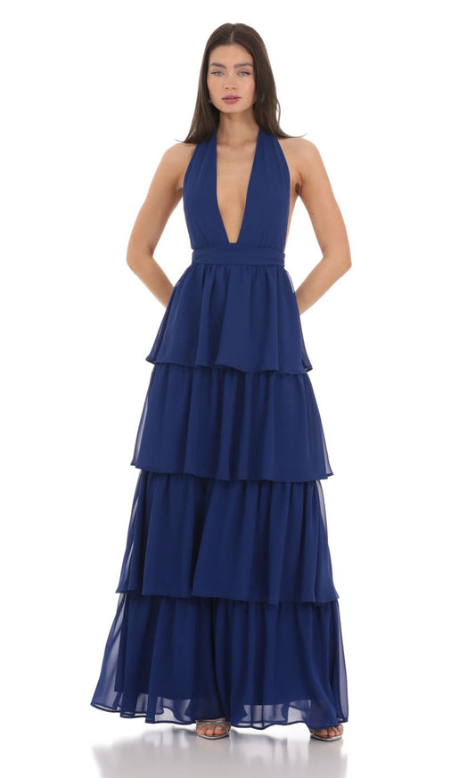 Glamorous A-Line Deep-V Halter-Strap Cut-Out-Back Tiered Chiffon Floor-Length Prom Dresses