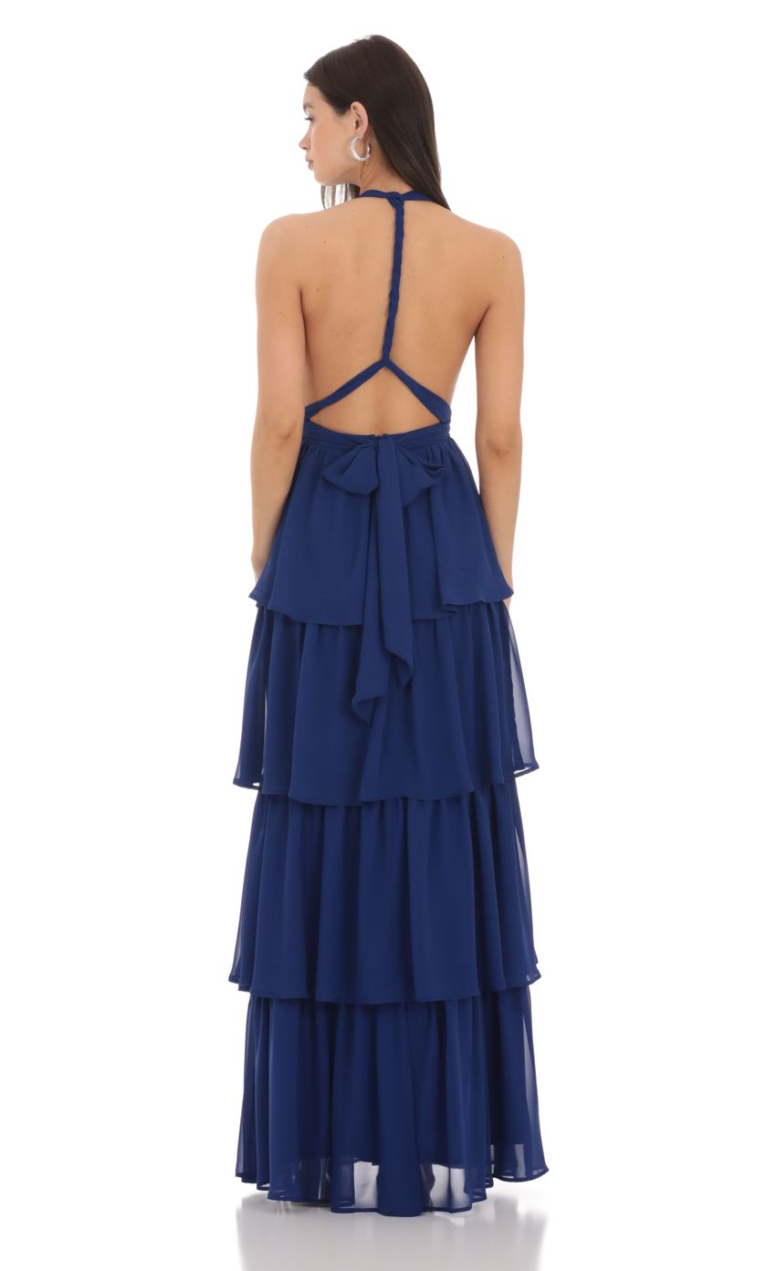 Glamorous A-Line Deep-V Halter-Strap Cut-Out-Back Tiered Chiffon Floor-Length Prom Dresses