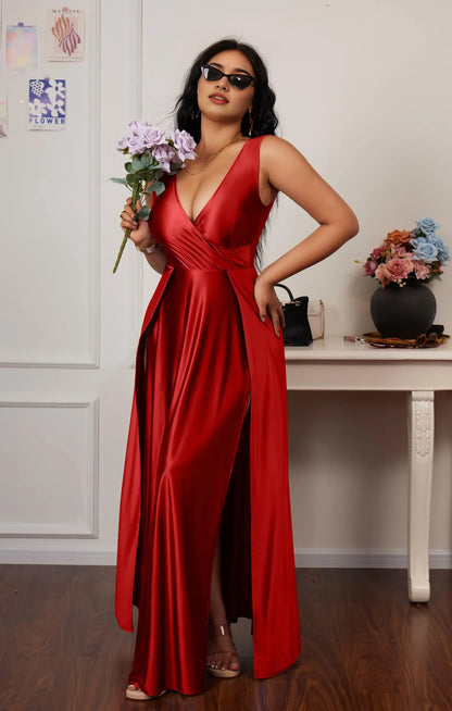 Glamorous A-Line Deep V-Neck Sleeveless Simple Back Floor-Length Evening Dress