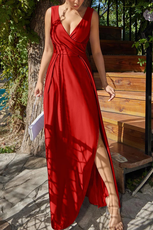 Glamorous A-Line Deep V-Neck Sleeveless Simple Back Floor-Length Evening Dress