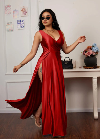 Glamorous A-Line Deep V-Neck Sleeveless Simple Back Floor-Length Evening Dress