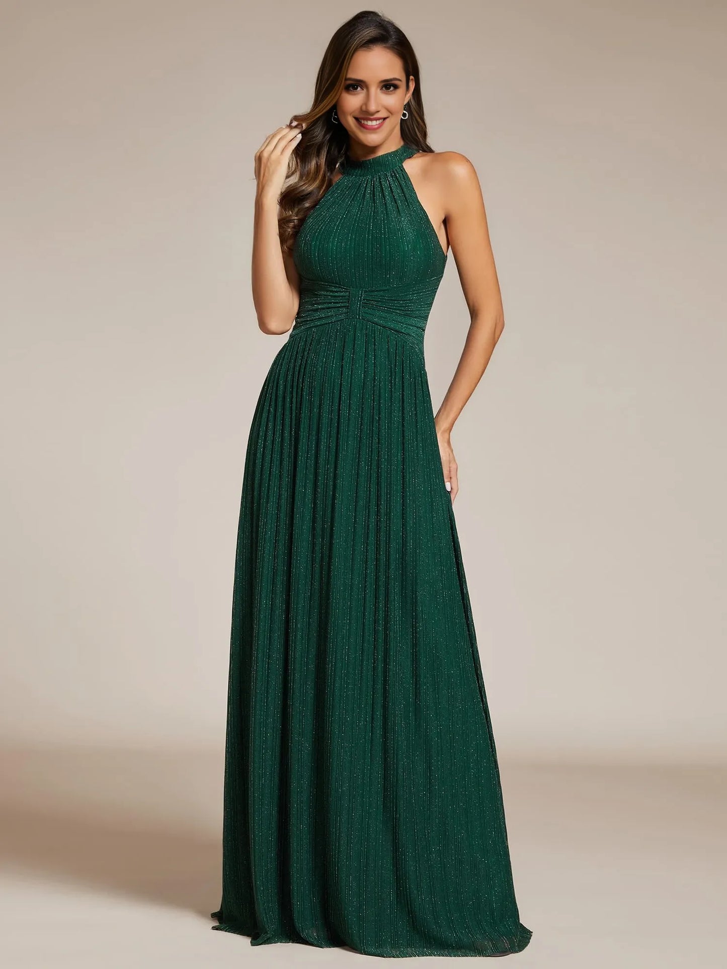 Glamorous A-Line Halter-Neck Sleeveless Zipper-Back Maxi Evening Dress