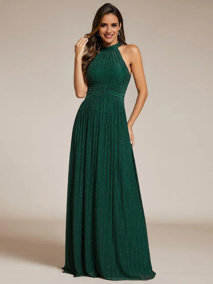 Glamorous A-Line Halter-Neck Sleeveless Zipper-Back Maxi Evening Dress