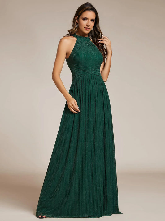 Glamorous A-Line Halter-Neck Sleeveless Zipper-Back Maxi Evening Dress