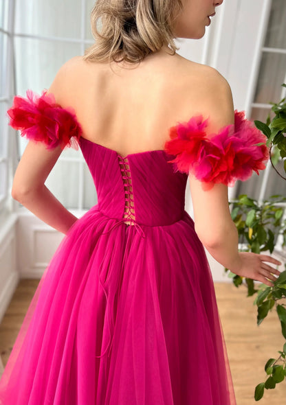 Glamorous A-Line Off-Shoulder Floral Applique Tulle Midi Evening Dress