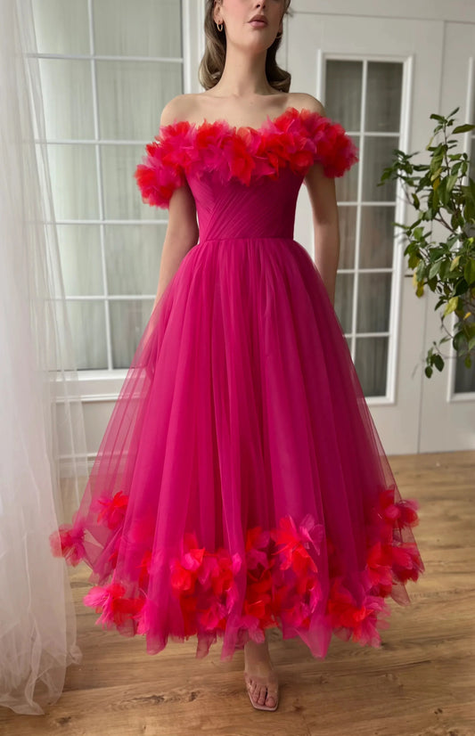 Glamorous A-Line Off-Shoulder Floral Applique Tulle Midi Evening Dress
