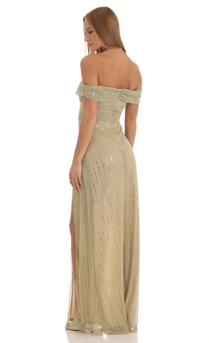 Glamorous A-Line Off-Shoulder Open-Back Sequin-Embellished Champagne Tulle Floor-Length Prom Dresses