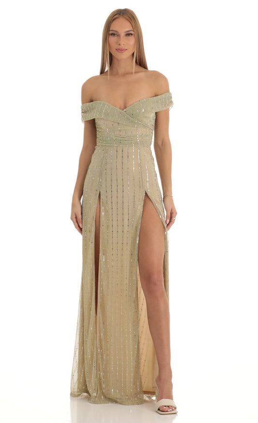 Glamorous A-Line Off-Shoulder Open-Back Sequin-Embellished Champagne Tulle Floor-Length Prom Dresses