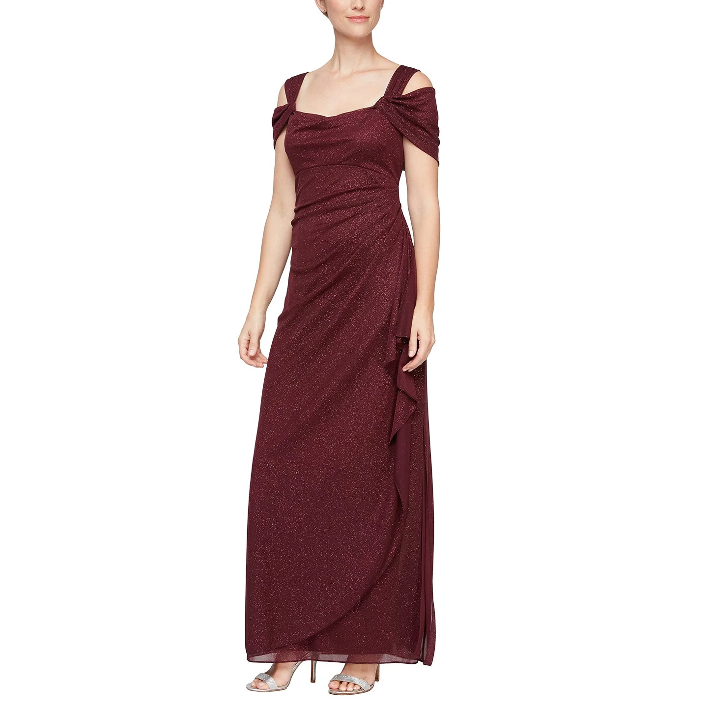 Glamorous A-Line Off-Shoulder Ruched Waist Ruffled Side Zip Back Maxi Evening Dress