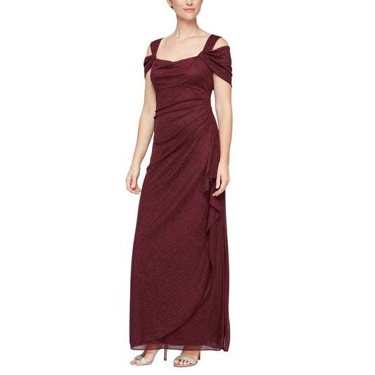 Glamorous A-Line Off-Shoulder Ruched Waist Ruffled Side Zip Back Maxi Evening Dress
