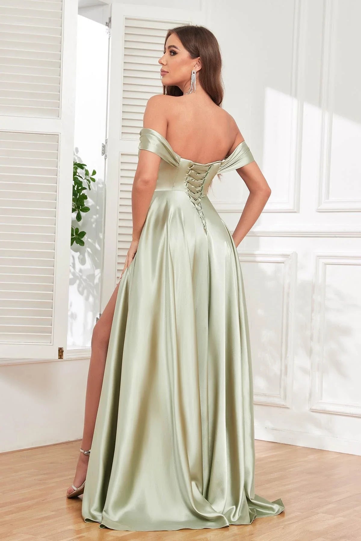 Glamorous A-Line Off-Shoulder Sweetheart Neck Short Sleeve Lace-Up Back High-Slit Floor-Length Evening Dress