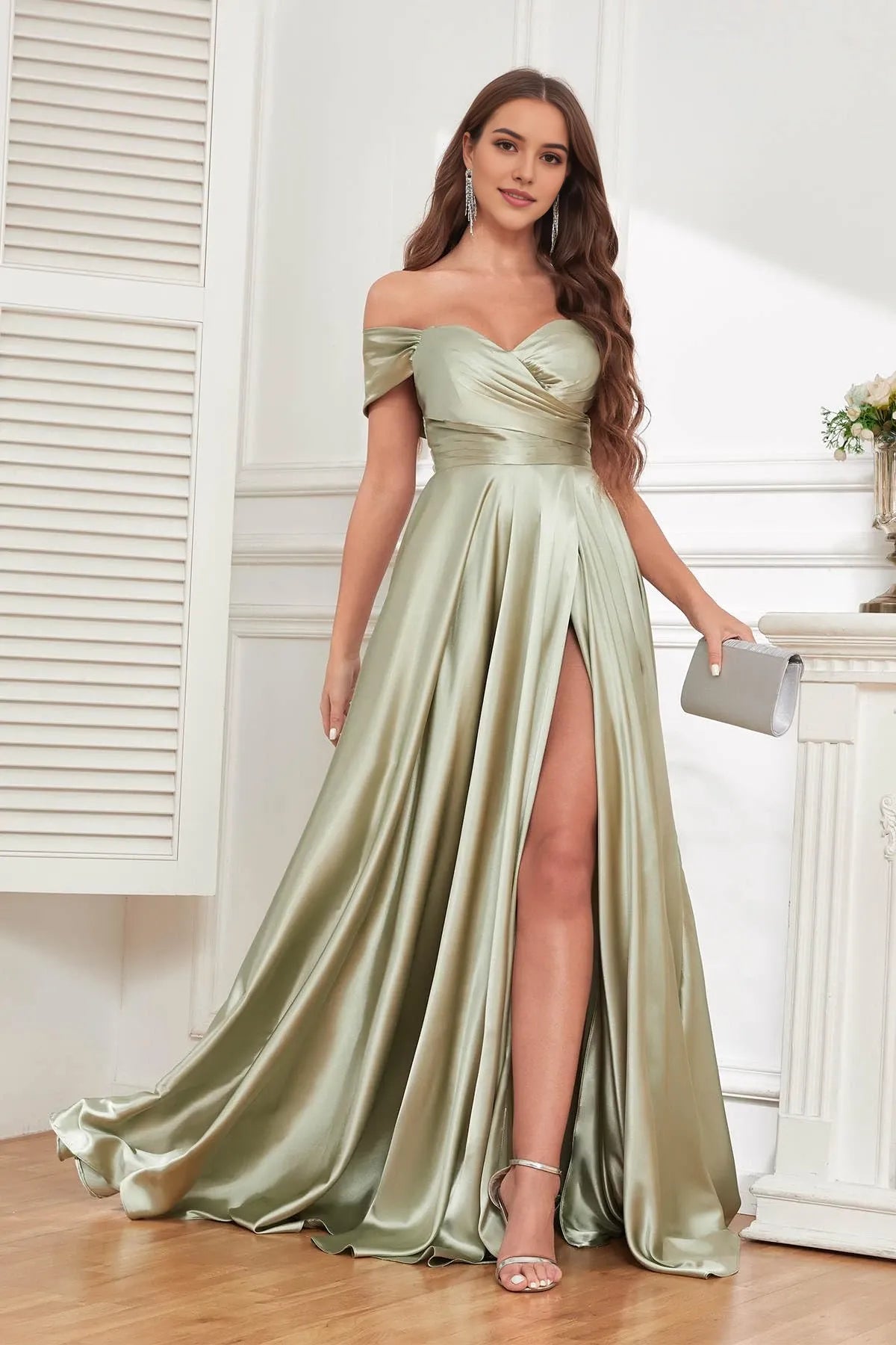 Glamorous A-Line Off-Shoulder Sweetheart Neck Short Sleeve Lace-Up Back High-Slit Floor-Length Evening Dress