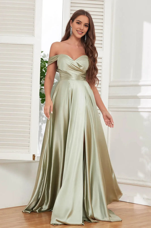 Glamorous A-Line Off-Shoulder Sweetheart Neck Short Sleeve Lace-Up Back High-Slit Floor-Length Evening Dress
