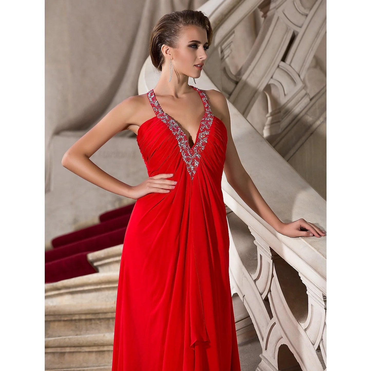 Back view of the A-line formal dress, showcasing its floor-length silhouette.