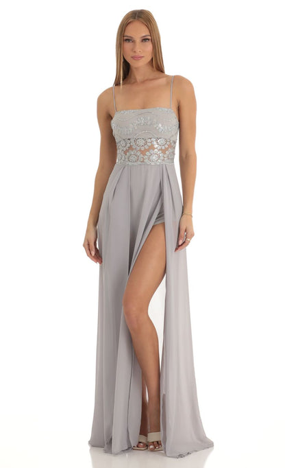 Glamorous A-Line Spaghetti-Strap Lace-Bodice Cut-Out-Back Dusty Gray Chiffon Floor-Length Prom Dresses