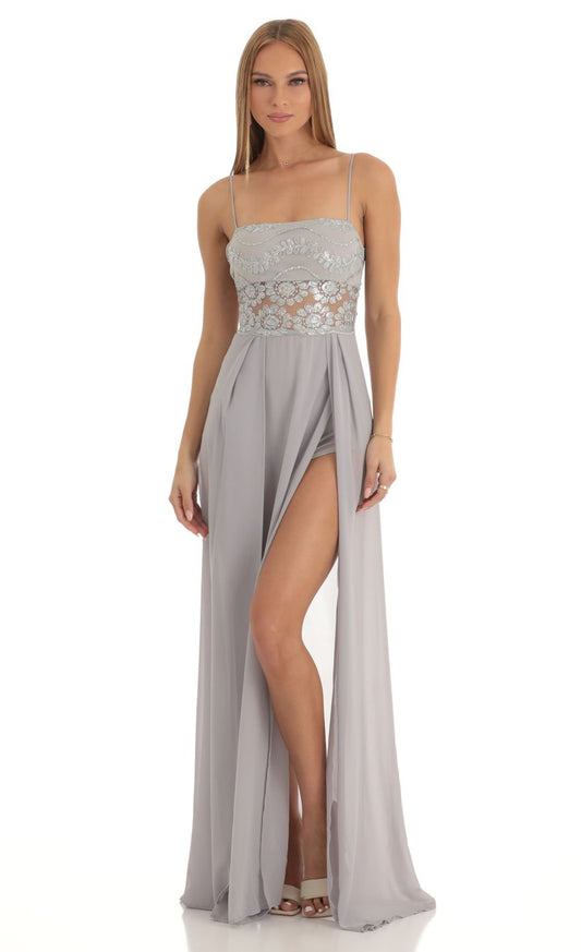 Glamorous A-Line Spaghetti-Strap Lace-Bodice Cut-Out-Back Dusty Gray Chiffon Floor-Length Prom Dresses