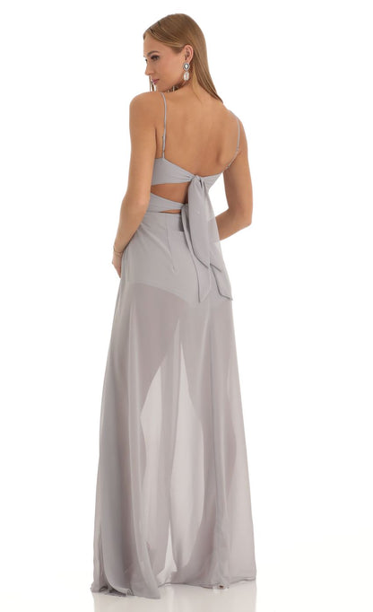Glamorous A-Line Spaghetti-Strap Lace-Bodice Cut-Out-Back Dusty Gray Chiffon Floor-Length Prom Dresses