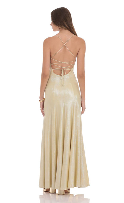 Glamorous A-Line Spaghetti-Strap Lace-Up Open-Back Champagne Shimmer Floor-Length Prom Dresses