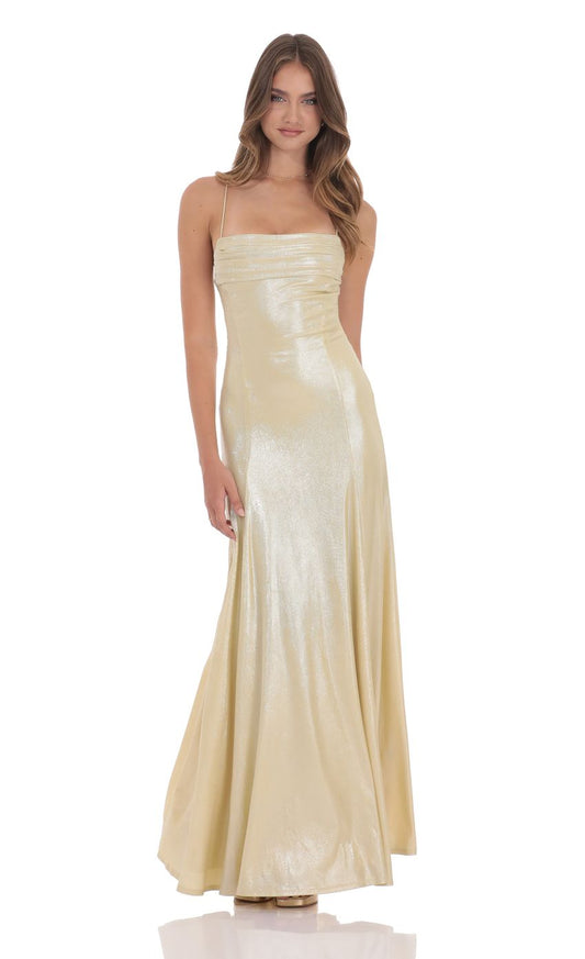 Glamorous A-Line Spaghetti-Strap Lace-Up Open-Back Champagne Shimmer Floor-Length Prom Dresses