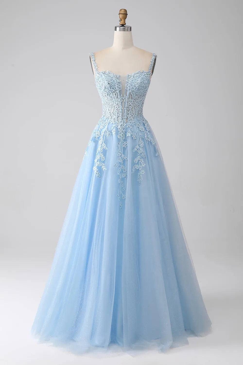 Glamorous A-Line Spaghetti Strap Sweetheart Lace Applique Tulle Prom Dress With Train