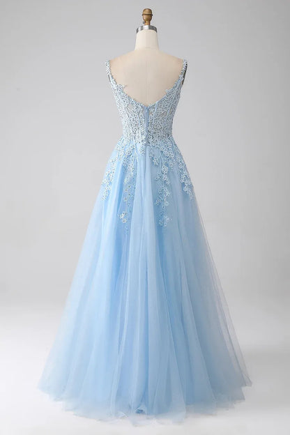 Glamorous A-Line Spaghetti Strap Sweetheart Lace Applique Tulle Prom Dress With Train