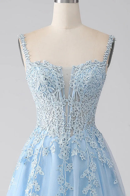 Glamorous A-Line Spaghetti Strap Sweetheart Lace Applique Tulle Prom Dress With Train