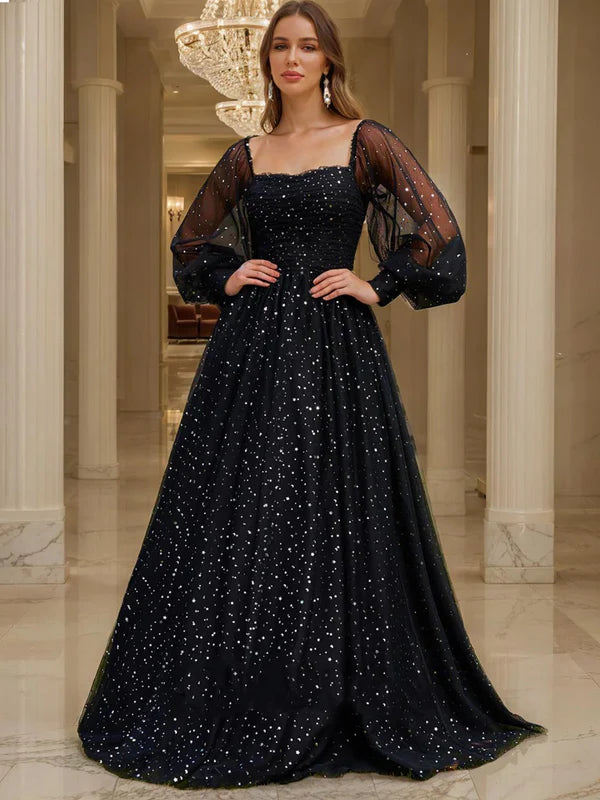 Glamorous A-Line Square-Neck Long-Sheer-Sleeve-Zip-Back Black Starry Glitter Tulle Floor-Length Prom Dresses