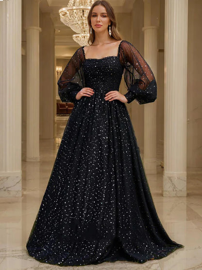 Glamorous A-Line Square-Neck Long-Sheer-Sleeve-Zip-Back Black Starry Glitter Tulle Floor-Length Prom Dresses