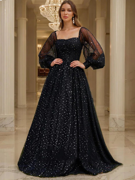 Glamorous A-Line Square-Neck Long-Sheer-Sleeve-Zip-Back Black Starry Glitter Tulle Floor-Length Prom Dresses