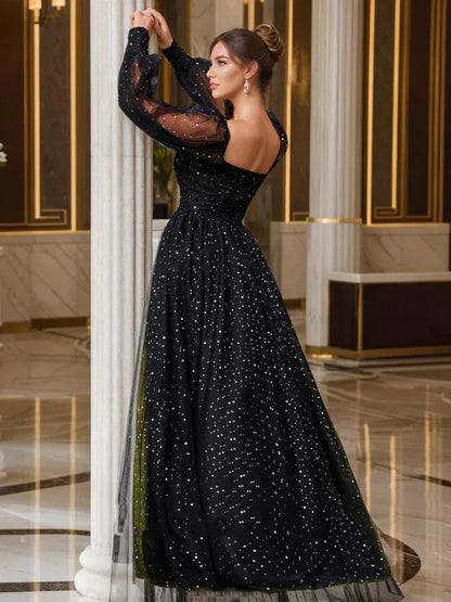 Glamorous A-Line Square-Neck Long-Sheer-Sleeve-Zip-Back Black Starry Glitter Tulle Floor-Length Prom Dresses