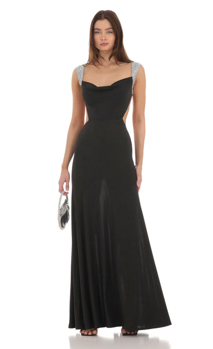 Glamorous A-Line Square-Neck Sequin-Accent Cut-Out-Back Black Chiffon Floor-Length Prom Dresses