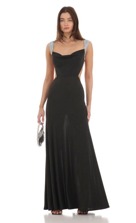 Glamorous A-Line Square-Neck Sequin-Accent Cut-Out-Back Black Chiffon Floor-Length Prom Dresses