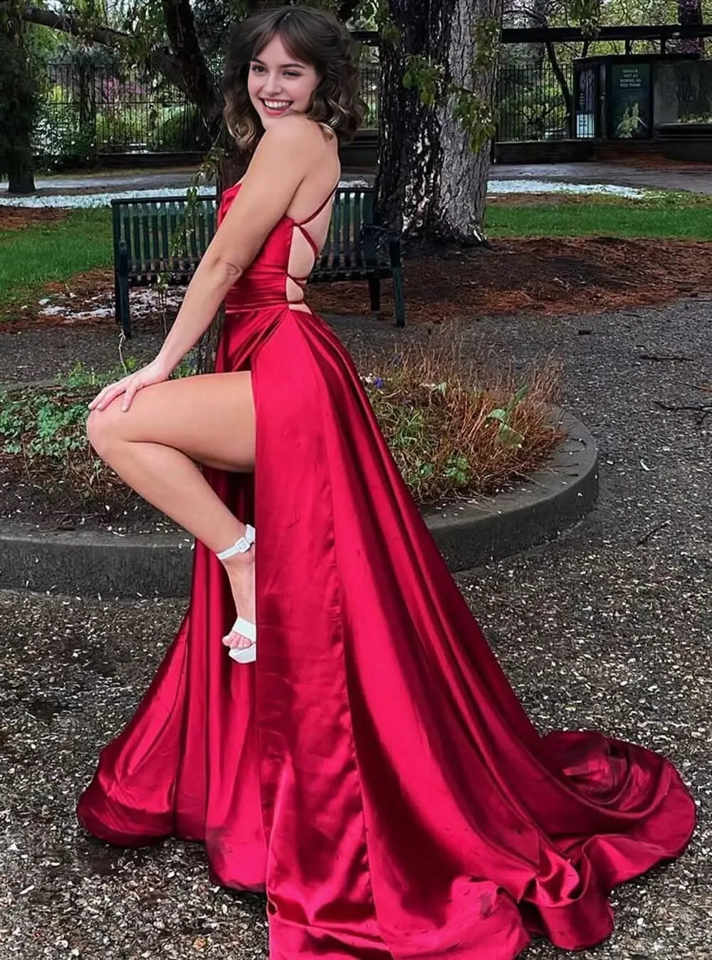 Glamorous A-Line Square Neck Spaghetti Strap Lace-Up Back High-Slit Floor-Length Evening Dress