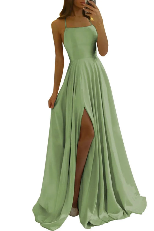 Glamorous A-Line Square Neck Spaghetti Strap Lace-Up Back High-Slit Floor-Length Evening Dress