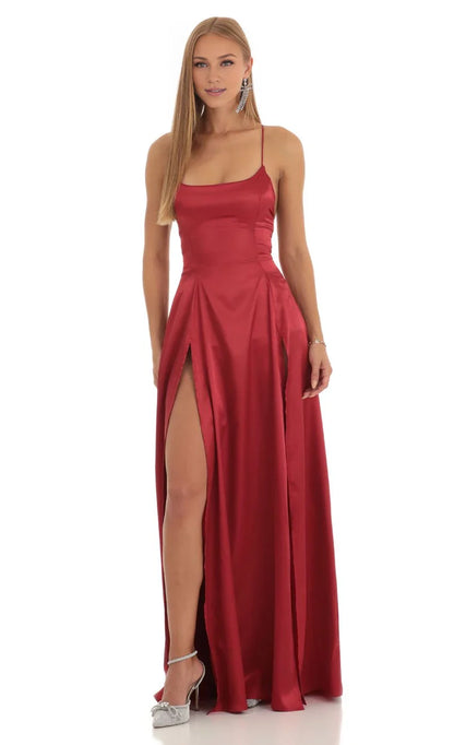 Glamorous A-Line Square-Neck Spaghetti-Strap Lace-Up Back High-Slit Floor-Length Prom Dresses