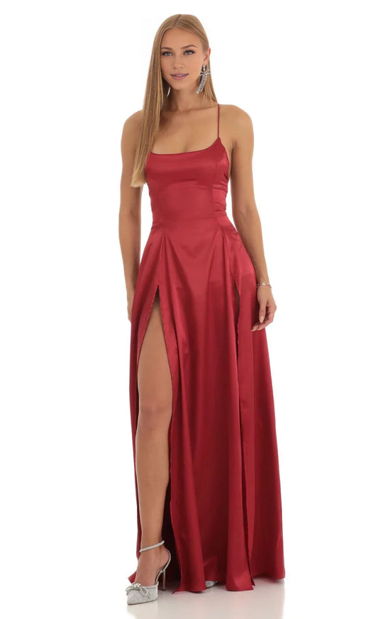 Glamorous A-Line Square-Neck Spaghetti-Strap Lace-Up Back High-Slit Floor-Length Prom Dresses