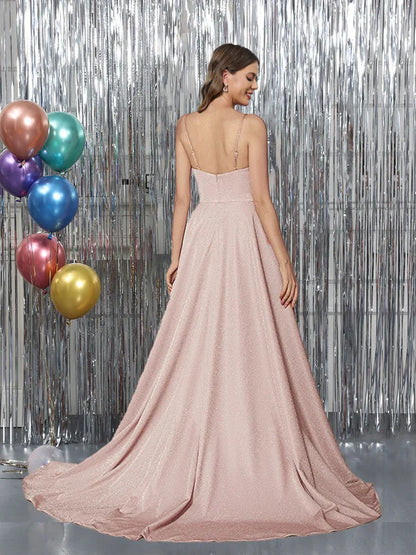 Glamorous A-Line Square-Neck Spaghetti-Strap-Zip-Back Blush Metallic Floor-Length Prom Dresses