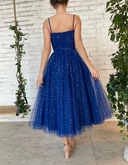 Glamorous A-Line Sweetheart Neck Spaghetti Straps Glitter Tulle Midi Evening Party Dress