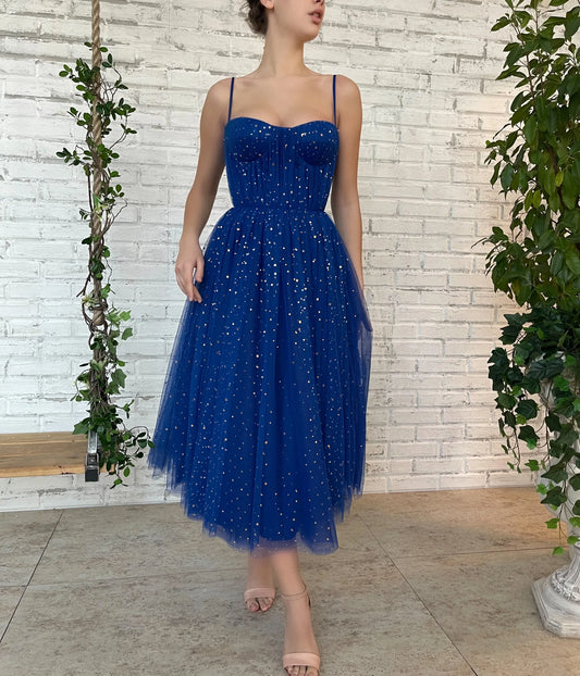 Glamorous A-Line Sweetheart Neck Spaghetti Straps Glitter Tulle Midi Evening Party Dress