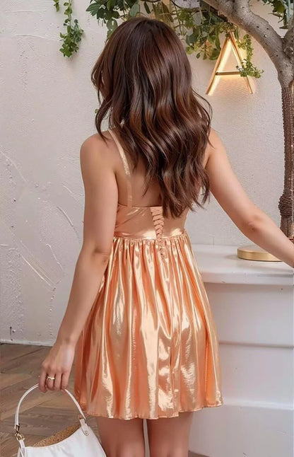 Glamorous A-Line Twist Front Spaghetti Strap Lace-Up Back Mini Party Dress