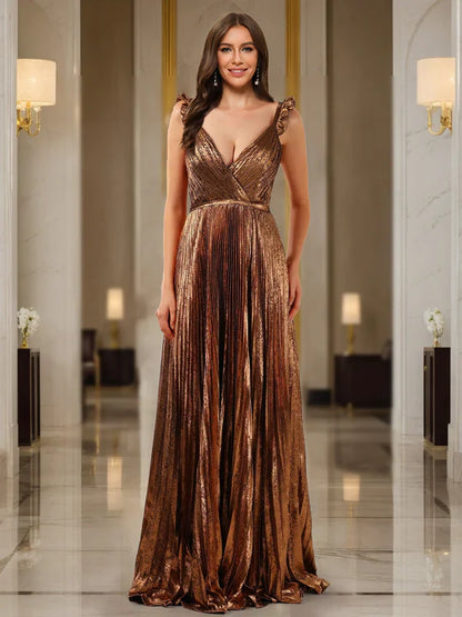 Glamorous A-Line V-Neck Ruffle-Strap-Zip-Back Bronze Metallic Pleated Floor-Length Prom Dresses