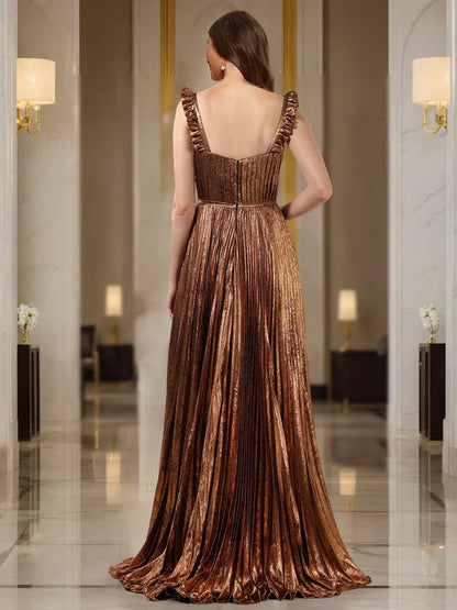 Glamorous A-Line V-Neck Ruffle-Strap-Zip-Back Bronze Metallic Pleated Floor-Length Prom Dresses