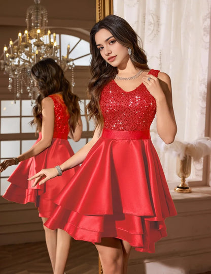 Glamorous A-Line V-Neck Sleeveless Sequin Bodice Asymmetric Mini Homecoming Dress
