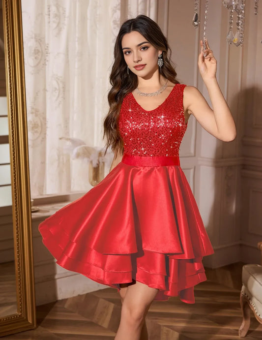 Glamorous A-Line V-Neck Sleeveless Sequin Bodice Asymmetric Mini Homecoming Dress