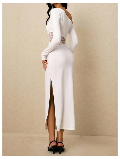 Chic Sheath One-Shoulder Long-Sleeve Lace-Panel Open-Back Midi Evening Dress