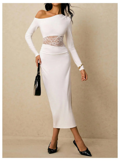 Chic Sheath One-Shoulder Long-Sleeve Lace-Panel Open-Back Midi Evening Dress