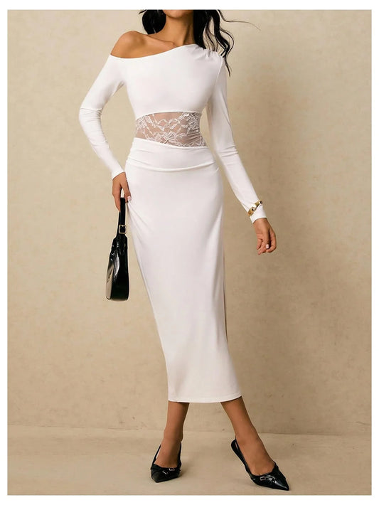 Chic Sheath One-Shoulder Long-Sleeve Lace-Panel Open-Back Midi Evening Dress