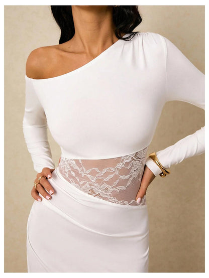 Chic Sheath One-Shoulder Long-Sleeve Lace-Panel Open-Back Midi Evening Dress