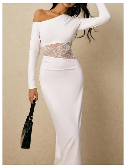 Chic Sheath One-Shoulder Long-Sleeve Lace-Panel Open-Back Midi Evening Dress