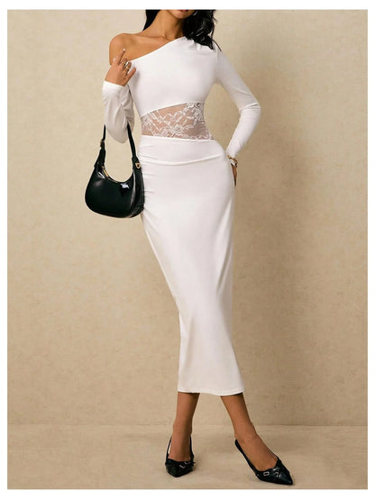 Chic Sheath One-Shoulder Long-Sleeve Lace-Panel Open-Back Midi Evening Dress